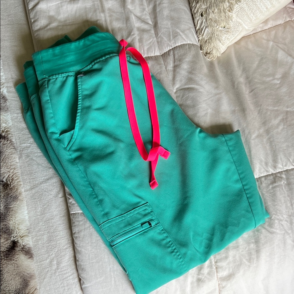 Figs Surgical Green Joggers with Pink Drawstring